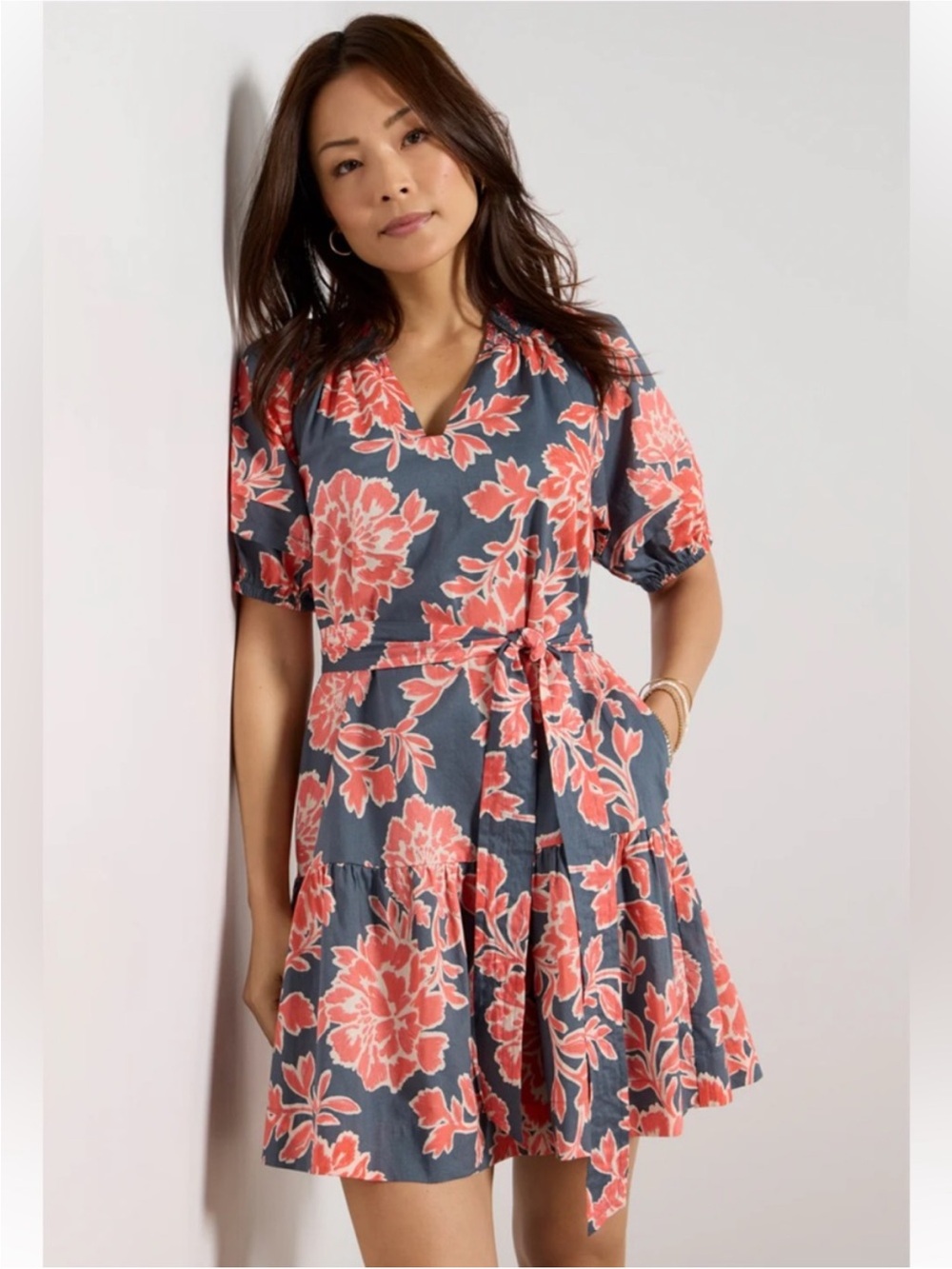 Evereve || Sunny Belted Floral Mini Dress Cotton Navy Coral Floral Small NWT